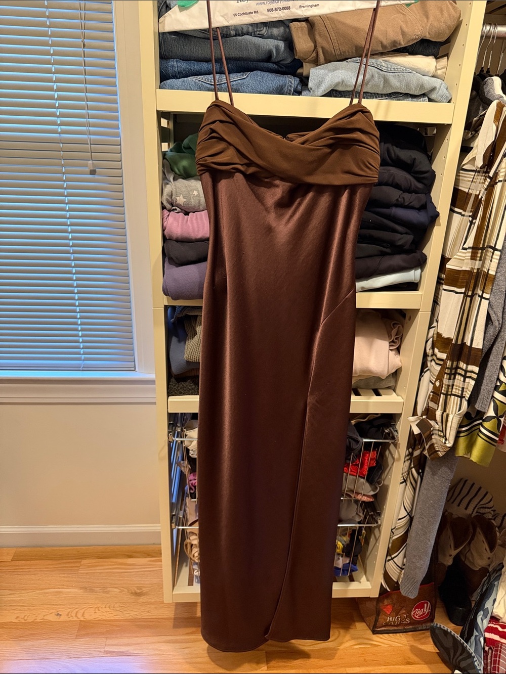 Bec & Bridge Brown Satin Slip Dress with Draped Bust